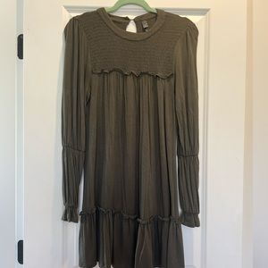 Alya Olive Green Long Sleeve Babydoll Dress, Size Extra Small
